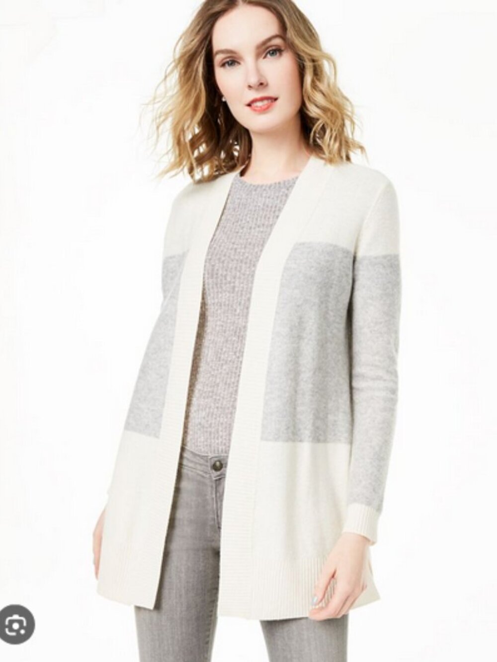CHARTER CLUB Women's 100% Cashmere Cardigan Sweater Size XL Gray Ivory
